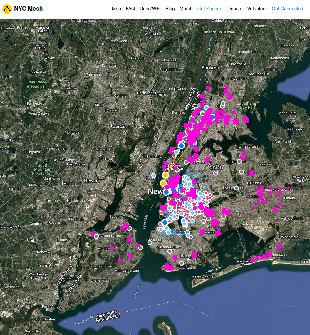 Figure 2: The NYC Mesh network overlaid with NYCHA housing in violet